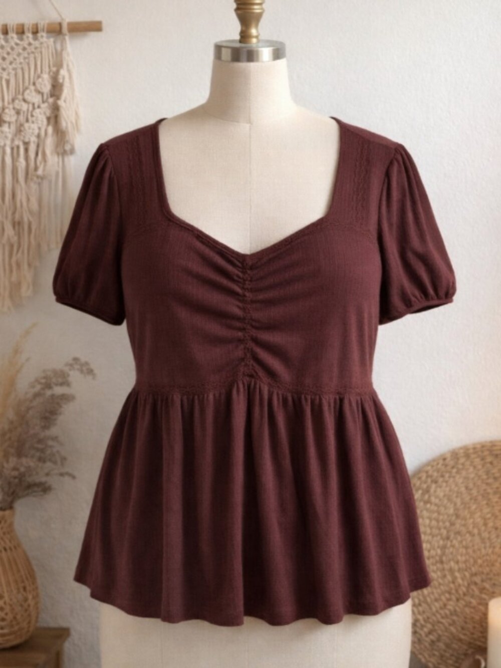 Torrid Burgundy Lace Trim Peplum Top Shirt Plus 1X Romantic Cottagecore Feminine